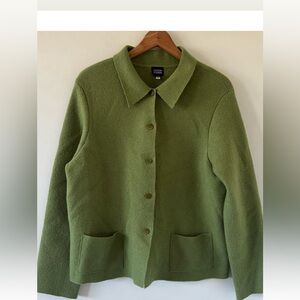 Eileen Fisher Green 100% Wool Button Down Sweater Front Pickets Size Medium